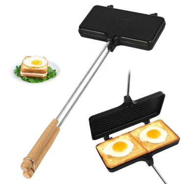Imagem de OUKENS Sanduicheira de ferro duplo, equipamento de cozimento de fogueira, ferros de torta antiaderentes para acampamento com alças removíveis, sanduicheira de ferro fundido para acampamento