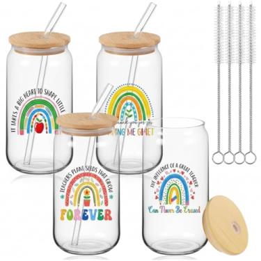 Imagem de Zubebe 4 peças presentes de professores de 473 ml para mulheres presentes de agradecimento de professores fofos copo de café copos de cerveja com tampas de bambu canudos de vidro escovas de limpeza