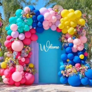 Imagem de Guirlanda de balão rosa choque, azul, amarelo, duplo, azul real, fúcsia, rosa, azul-petróleo, lavanda, pastel lilás e amarelo, kit de arco de balão para decorações tropicais de festa de verão Aloha