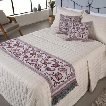 Imagem de Peseira Cama Casal Tamanho Queen e Tamanho Padrão e Almofadas Cheias Tecido Jacquard Kit 5 Peças Vinho