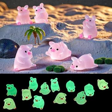 Imagem de KH866 Porco escuro brilhante 12 peças, decoração de painel de porco luminoso mini resina fada jardim paisagem terrário aquário DIY Natal festa aniversário casa vaso planta miniatura ornamento casa