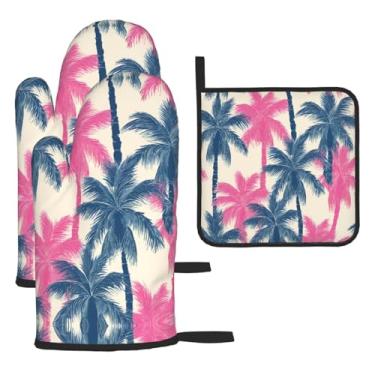 Imagem de Padrão de palmeira – Conjunto de cozinha essencial de 3 peças, luvas seguras para calor e aderência de tampa, proteção para churrasco no forno, design de armazenamento suspenso.