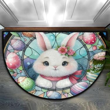 Imagem de Tapete meio redondo, flor, coelho, flor, ovo, meia lua, lavável, durável, semicírculo, tapete para ambientes internos e externos, banheiro, cozinha, pátio, lareira, lavanderia, decoração de casa