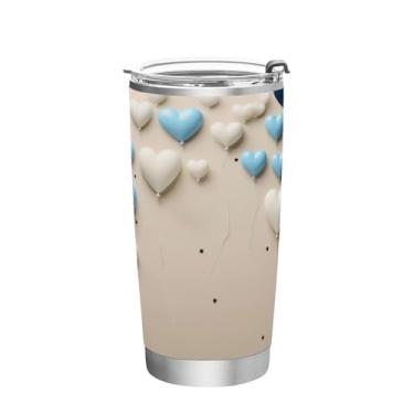 Imagem de Wassud Copo de balões de coração branco azul com tampa e canudo de aço inoxidável de parede dupla copo isolado copo de viagem caneca de café para bebidas frias e quentes 350 ml