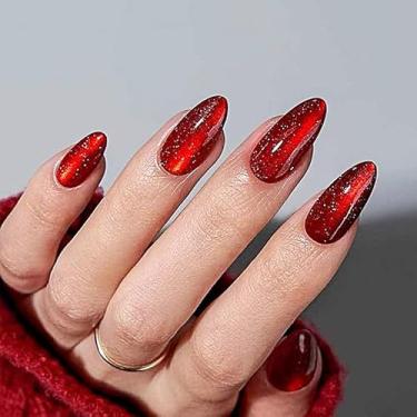 Imagem de 24 peças de unhas vermelhas de olho de gato, unhas postiças de amêndoa curta francesa, unhas postiças de acrílico brilhante com glitter, cola artificial feita à mão com cobertura completa, unhas