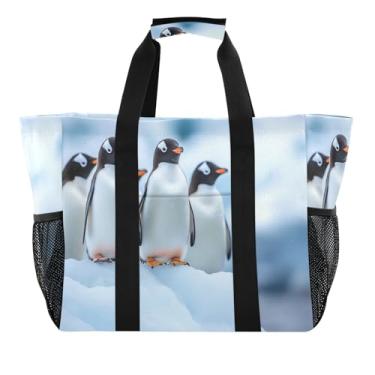 Imagem de STAYTOP Sacos de praia femininos pinguins em pé em um bloco de gelo - Bolsa de praia à prova d'água à prova de areia com bolso para viagem, férias, academia