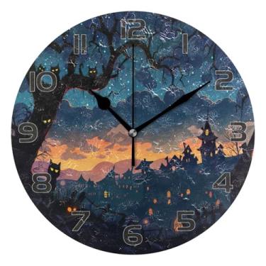 Imagem de YETTASBIN Relógio de parede de castelo de Halloween, silencioso, sem tique-taque, operado por bateria, relógio redondo decorativo criativo para cozinha, sala de estar, banheiro, decoração de