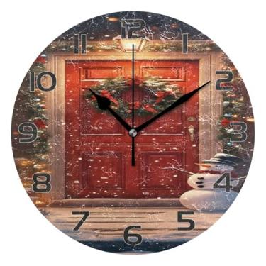Imagem de YETTASBIN Relógio de parede de porta vermelho de Natal, silencioso, sem tique-taque, operado por bateria, relógio redondo decorativo criativo para cozinha, sala de estar, banheiro, decoração de