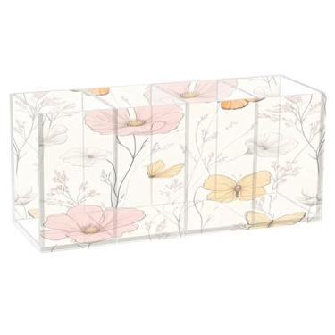 Imagem de Burbuja Porta-canetas de acrílico com flores amarelas rosa e 4 compartimentos, suporte de lápis transparente para pincéis de maquiagem, acessórios de mesa de escritório em casa