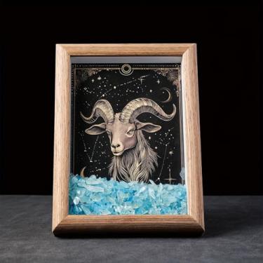 Imagem de Moldura de cristal natural com 12 signos do zodíaco, 12 signos do zodíaco, céu noturno ou decoração de parede, meditação Yoga Reiki presente de aniversário - Áries - água-marinha