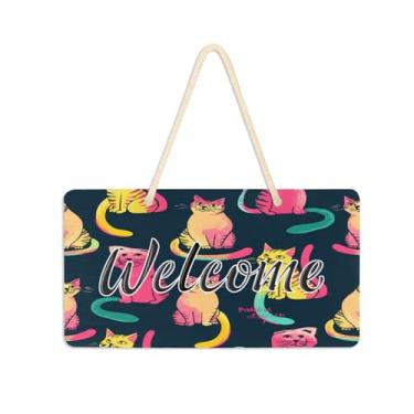 Imagem de Burbuja Placa de boas-vindas de gatos brincalhões para porta da frente, placa de boas-vindas de PVC para decoração de férias de casa de fazenda, 15 x 28 cm