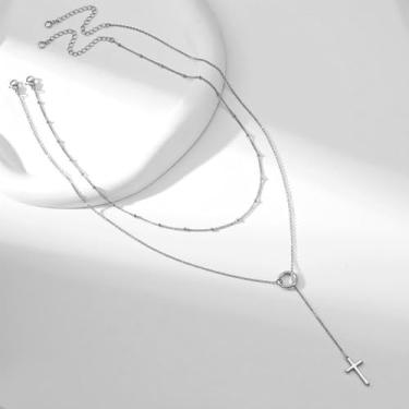 Imagem de Colar de cruz de camada dupla simples e empilhável, One Size, Metal, Sem Pedra Preciosa