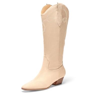 Imagem de Coutgo Botas femininas caubói com bico quadrado bordado, salto grosso, cano médio, sapatos de outono e inverno, Nude., 37