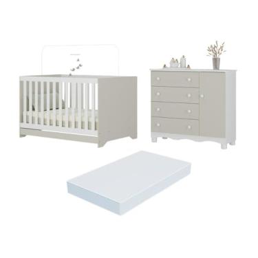 Imagem de Berço Americano 3 em 1 com Colchão Incluso e Cômoda 1 Porta 4 Gavetas Dengo Multimóveis Mp4698 Branco/off White