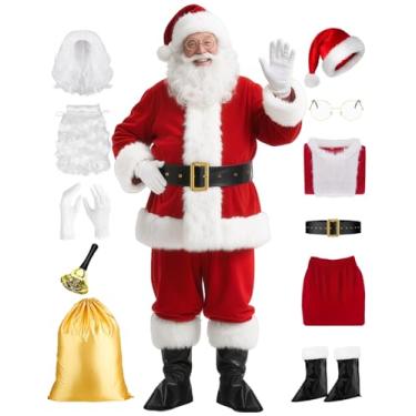 Imagem de Hitormoon Fantasia de Papai Noel para homens e mulheres, adulto, GG, roupa de veludo de luxo com peruca, barba, chapéu, jaqueta, calças, luvas, botas, sino, vermelho, HN028XL