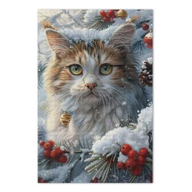 Imagem de Quebra-cabeças de pintura natalina de gato com paisagem de neve para adultos 500, quebra-cabeças para adultos com letras nas costas
