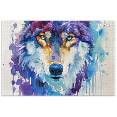 Imagem de Impressão em aquarela de um lobo com um quebra-cabeça adulto colorido 1000 peças presentes para amantes de quebra-cabeças, quebra-cabeças legais para adultos, família, brinquedo, arte