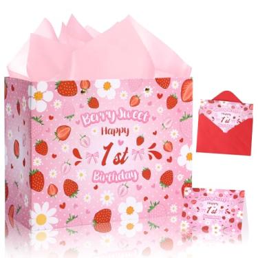 Imagem de Lednica Sacos grandes de presente de feliz aniversário para meninas, bolsa de presente de morango com papel de seda e cartão, suprimentos de decoração de festa de chá de bebê rosa berry doce, 30 x 24