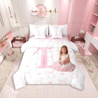 Imagem de Conjunto de edredom de princesa sonhadora com laço queen, cama de laço rosa feminino em uma bolsa para decoração de quarto fofo, alfabeto coquete, G, nó de borboleta, conjunto de cama com 7 peças