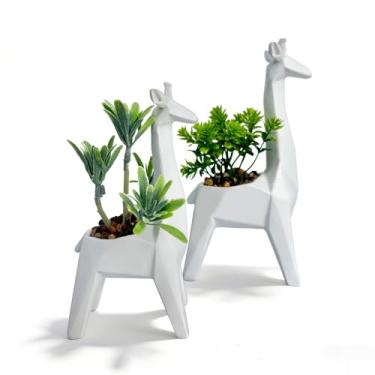 Imagem de Ordbuum 2 peças de mini suculentas brancas artificiais com vasos em forma de girafa, pequenas plantas falsas internas para prateleiras e banheiro, lindas plantas de mesa para escritório