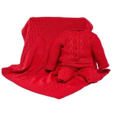Imagem de Kit Saída Maternidade 3 Peças com Jardineira, Casaco e Manta Tricot Unissex Off White, 100% Poliéster Hipoalergênico, Manta 75x75cm, Recém-nascido (Vermelho, RN)