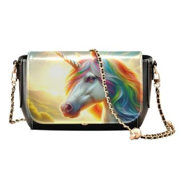 Imagem de GAIGEO Bolsa de ombro colorida de outono com alça de corrente, bolsas de couro transversais para mulheres, Lindo unicórnio arco-íris, One Size