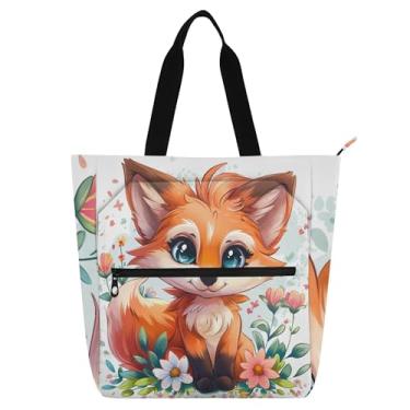 Imagem de GAIGEO Linda bolsa de trabalho de flores de raposa de desenho animado para mulheres, bolsa de lona para escola de praia, bolsa carteiro com compartimentos