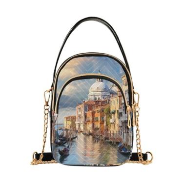 Imagem de Bolsa transversal feminina verde e azul tropical em azul, bolsa transversal de corrente dourada, bolsas de ombro transversais para mulheres, Casas em cada lado da água 4, One Size