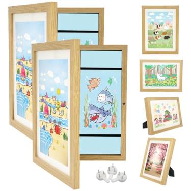 Imagem de 2 molduras de arte infantis, molduras de arte infantis mutáveis com abertura frontal de acrílico, comporta 150 imagens, cor de madeira