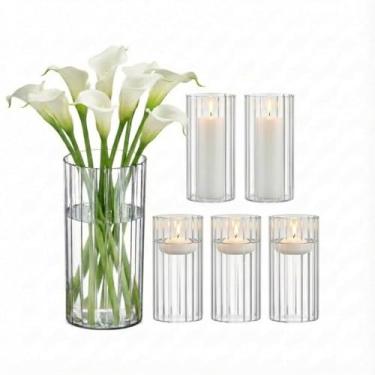 Imagem de Ninehaoou 6 peças de vasos cilíndricos de plástico para centros de mesa, vasos de flores de botão com nervuras transparentes a granel para decorações de casamento, suporte de vela de vidro alto para