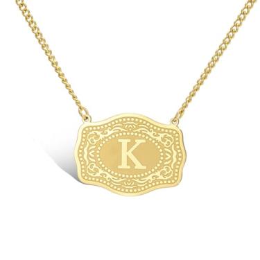 Imagem de VASSAGO Colar de fivela de cinto com letra inicial para mulheres e homens, pingente de pingente em relevo de aço inoxidável delicado joia personalizada presente, Adjustable, Aço inoxidável, Sem Pedra