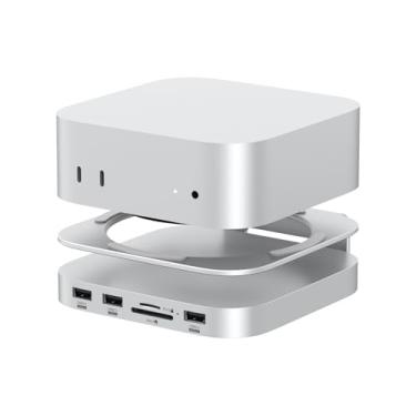 Imagem de Qwiizlab Hub de suporte de alumínio para Mac mini M4/M4 Pro, estação de ancoragem com gabinete SSD NVMe, 2 leitores de cartão USB-A de 10 Gbps, TF/SD 4.0 de 312 MB/s, USB-A 2.0, serve para SSD M.2