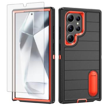 Imagem de Capa de celular para Samsung Galaxy S24 Ultra 5G com protetor de tela de vidro temperado e suporte, suporte rígido, híbrido, slicone, macio, acessórios S24Ultra 24S S 24 24Ultra, mulheres, homens