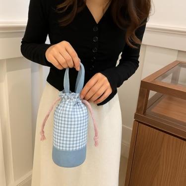 Imagem de Bolsa para copo de tecido xadrez coreano – Bolsa balde retrô de algodão e linho, bolsa portátil para garrafa de água, Azul