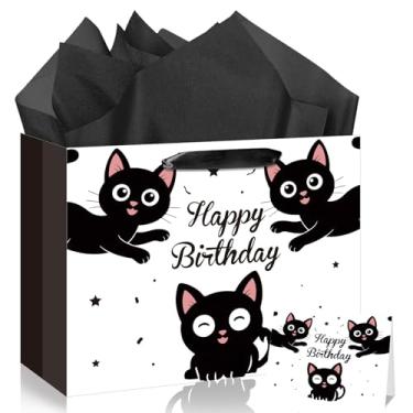 Imagem de Peconal Saco de presente engraçado de aniversário, para amantes de gatos, saco de papel de embrulho com cartão comemorativo para meninos, meninas, crianças, preto, miau, chá de bebê, aniversário
