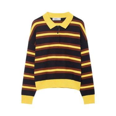 Imagem de Camisa Polo Casual Listrada Estilo Europeu-Americano Para Mulheres Sué