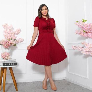 Imagem de Vestido Midi Gode Feminino Basico + Cinto Incluso C/Botão de Enfeite T