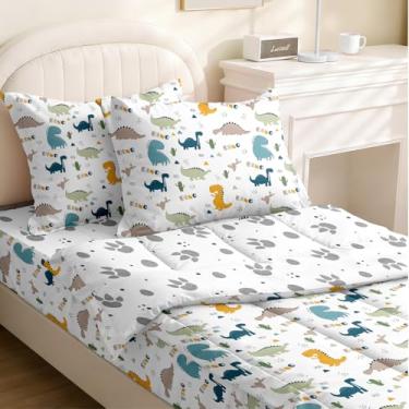 Imagem de Yadangxiawa Jogo de edredom infantil, solteiro com zíper, estampa de dinossauros, lençol com elástico e fronhas para todas as estações (dinossauros solteiro)
