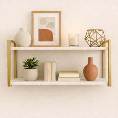 Imagem de Prateleira Suspensa Nicho Estilo Industrial 35x25x60cm 100% MDF Premium e Aço Carbono - Off White e Dourado