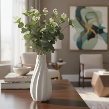Imagem de Arranjo de Eucalipto Verde Artificial 45cm com Vaso Ondulado – Decoração Sofisticada para Casa e Escritório (Branco)