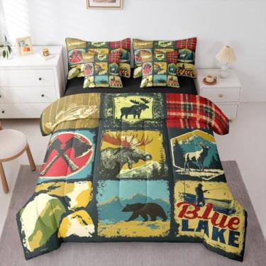 Imagem de Erosebridal Jogo de cama queen rústico com 7 peças, casa de fazenda, urso, floresta, veado, vida selvagem, lençol com edredom e edredom