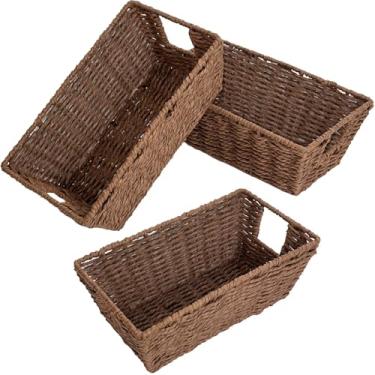 Imagem de Cestas de armazenamento de corda de papel para organização de prateleiras, cesta organizadora de vime tecida à mão pequena com alça para armazenamento de papel higiênico de banheiro, marrom, pacote