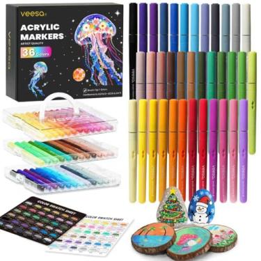 Imagem de VEESA Marcadores de tinta acrílica com caixa de plástico, canetas de tinta com ponta de pincel de 36 cores, à base de água | Sem vazamento | Controle automático de tinta, para rocha, ovo, madeira