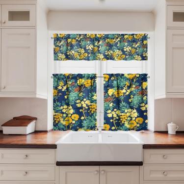 Imagem de Tapesb Conjunto de 3 peças de cortina de cozinha floral floral engraçado cortinas de janela pequenas sobre a pia decoração essencial adequado para cozinha, quarto, lavanderia, 69,8 x 91,4 cm