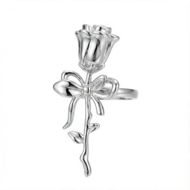 Imagem de Anel aberto de declaração de flor rosa para mulheres, expansível, ajustável, romântico, design 3D, laço floral, nó de dedo, anel de compromisso de casamento, noivado, moda dia dos namorados, coquetéis