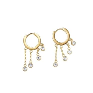 Imagem de Brincos de argola pequenos com pingente de borla de cristal redondo de aço inoxidável banhado a ouro 18 K delicado zircônia cúbica pingente cartilagem brincos de argola da moda joias femininas