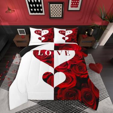 Imagem de Erosebridal Conjunto de edredom romântico de rosa vermelha, tamanho king, para meninas e mulheres, dia dos namorados, para quarto de casal, fofo, com coração, edredom branco e vermelho