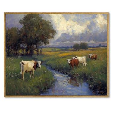 Imagem de Arte de parede de vaca country emoldurada pintura a óleo clássica tela de paisagem impressões de animais antigos imagens de paisagem de campo arte de animais de fazenda pintura de vaca vintage arte de