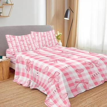 Imagem de SNcek Jogo de lençol infantil com laço rosa, tamanho solteiro, 4 peças, estampa quadriculada, microfibra com bolso profundo
