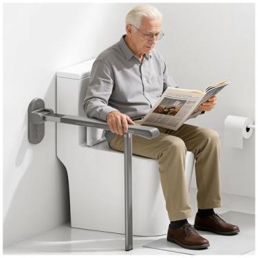 Imagem de AKIMRABY Barra de apoio dobrável com perna de apoio, trilhos de segurança de vaso sanitário de 68 cm de altura para idosos, barras de apoio de vaso sanitário montadas na parede para deficientes e